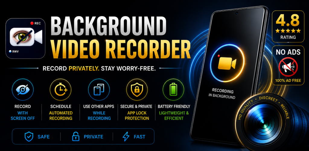 NKD background video recorder application running inside an android mobile device showing screen off recording layout